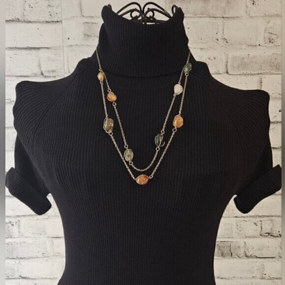 Layered Agate Nugget Necklace on Silver Tone Chain – Mixed Stone Boho Style - Picture 2 of 6